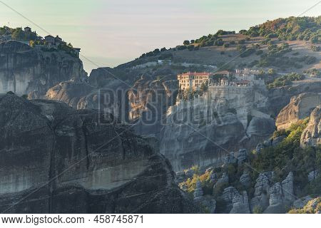 Beautiful Scenic Sunset View, Orthodox Monasteries Of St. Rousanou And St. Nicholas Anapausas, Immen