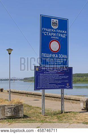 Sabac, Serbia - July 22, 2022: Information Board City Beach At Old Town Recreation Area River Sava.