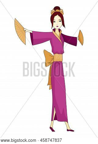 Japanese Girl Standing In Kimono. Women In Traditional Style Costume. Full Length Portrait Of Typica