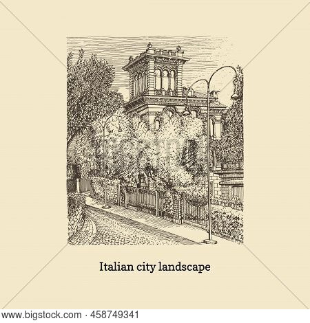 Italian City Landscape With Palazzo, Vector Sketch
