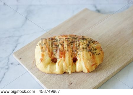 Sausage Buns Bread. Soft Baked Bun (dough) Stuffed With Sausage For Fast Food Breakfast Or Coffee Br