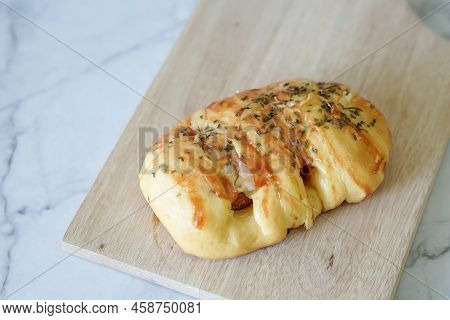Sausage Buns Bread. Soft Baked Bun (dough) Stuffed With Sausage For Fast Food Breakfast Or Coffee Br