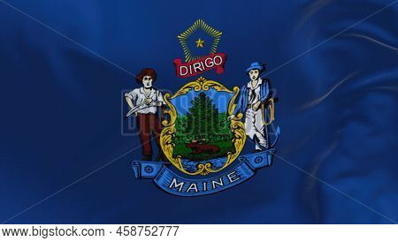 The Us State Flag Of Maine Waving In The Wind. Maine Is A State In The New England Region Of The Uni