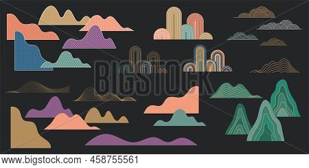 Collection Of Hand Drawn Clouds And Mountains. Chinese And Japanese Vector Illustrations. Oriental D