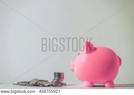 Save Money And Account Banking For Finance Concept, Piggy Bank With Coin On Blurred Background, Save