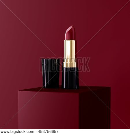 Premium Deep Red Lipstick Product On Square Stage. Isolated On Red Background. Lipstick 3d Illustrat