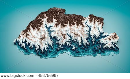 Topographic Bhutan Map Hypsometric Elevation Tint Spectral Shaded Relief Map 3d Illustration