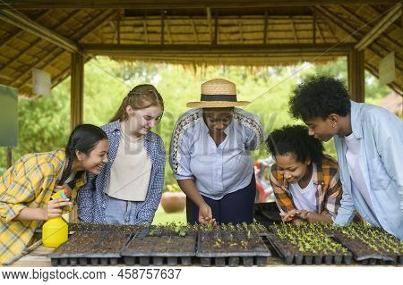 Group Of Mixed Race Students And Teacher Learning Agriculture  Technology In Smart Farming , Educati
