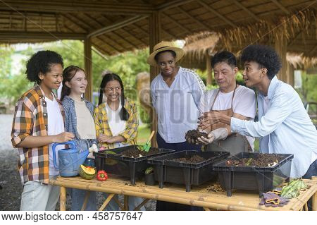 Group Of Mixed Race Students And Teacher Learning Agriculture  Technology In Smart Farming , Educati