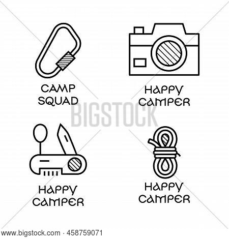Camping Logo Icon Design In Minimalist Line Art Style With Quote - Camp Squad And Happy Camper . Tra