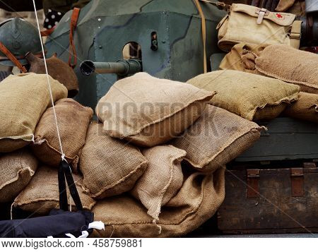 Sandbags Surround Army Military Vehicle Medium Shot