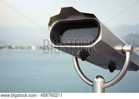 Metal Tower Viewer Installed Near Sea, Space For Text. Mounted Binoculars