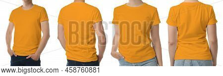 Collage With Photos Of Man And Woman Wearing Orange In T-shits On White Background, Closeup. Mockup 