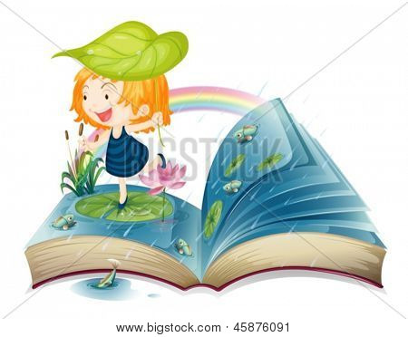 Illustrazione di un libro con un'immagine di una ragazza allo stagno su sfondo bianco