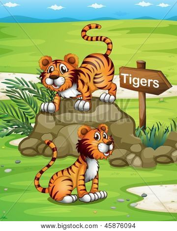 Llustration der zwei Tiger in der Nähe von den hölzernen arrowboard