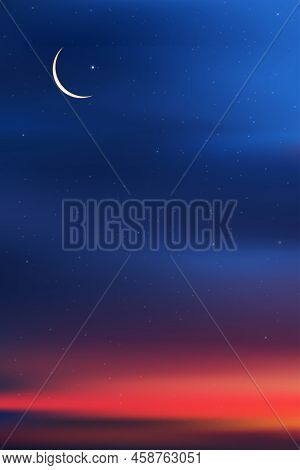 Islamic Card With Crescent Moon On Blue,orange Sky Background,vertical Banner Ramadan Night With Dra