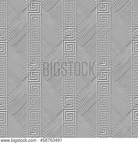 Emboss Borders 3d Seamless Pattern. Embossed Greek Border Surface White Background. Repeat Stripes A