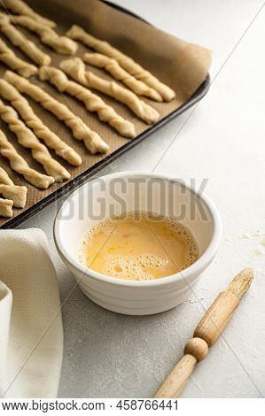 Cooking Baking Grissini Sticks, Grissini, Raw Dough And Egg Mixture