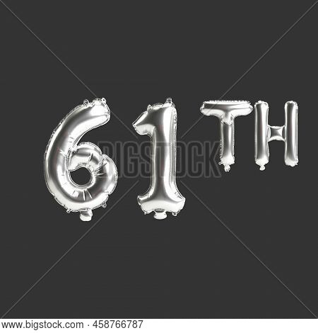 3d Illustration Of 61th Silver Balloons Isolated On Dark Background