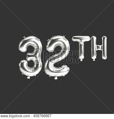3d Illustration Of 32th Silver Balloons Isolated On Dark Background