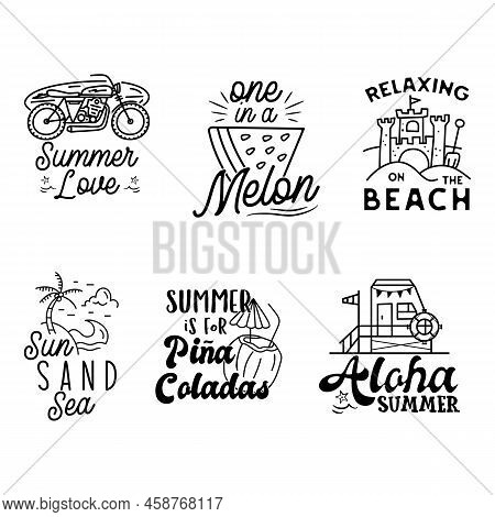 Summer Badges Set With Different Quotes And Sayings - Summer Love. Retro Beach Logos. Vintage Surfin