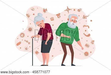 Elderly People Weak Immune System Concept. Unhealthy Old Man And Ill Senior Woman Surrounded By Viru