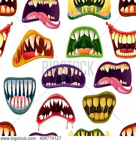 Zombie, Clown And Vampire Cartoon Monster Mouths Seamless Pattern. Halloween Horror Background With 