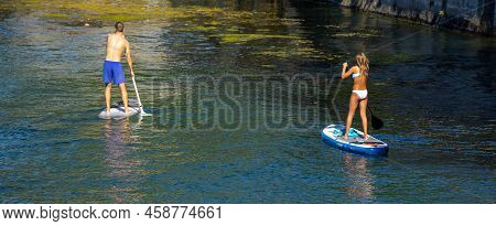 Stand Up Paddelling On River Aare In Solothurn Switzerland Europe - Solothurn, Switzerland Europe - 