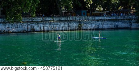 Stand Up Paddelling On River Aare In Solothurn Switzerland Europe - Solothurn, Switzerland Europe - 