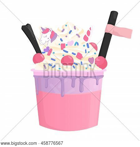 Cup Of Strawberry Milk Tea Topping Whit Whipped Cream Cute Kawaii Illustration