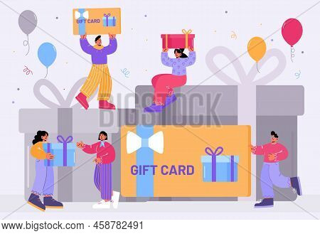 Gift Card, Customers Reward And Loyalty Program Concept. Tiny Buyers At Huge Wrapped Gift Box Receiv