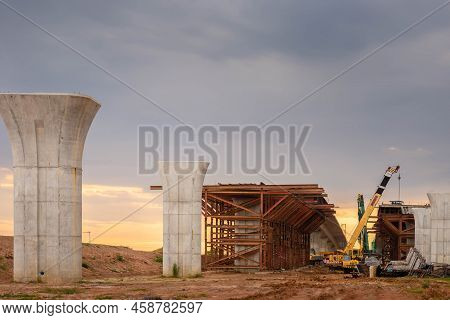Infrastructure Construct Concepts, Construction Of Highway Line In Progress With Heavy Infrastructur