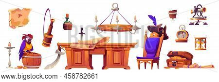Pirate Cabin Interior Stuff, Isolated Set. Wooden Table, Old Map, Treasure Chest, Parrot And Barrel 