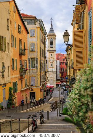 Nice, France - May 25, 2022: View Onto Place Rossetti And Sainte Reparate Cathedral Basilique, Blurr