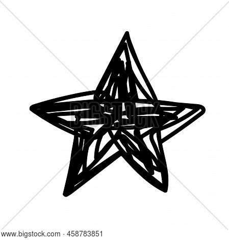 Doodle Christmas Five-point Star. Hand-drawn Outline Wye Isolated On White Background. Messy Line Wi