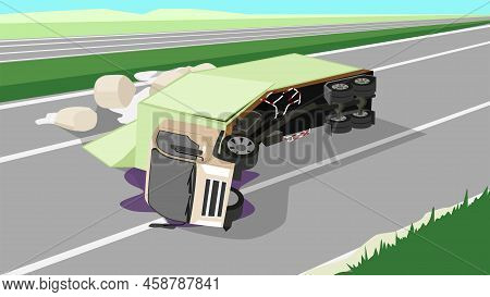 Accident Of Container Truck Crashes On The Road And Chemicals Have Leaked From The Jumbo Bags Out Of
