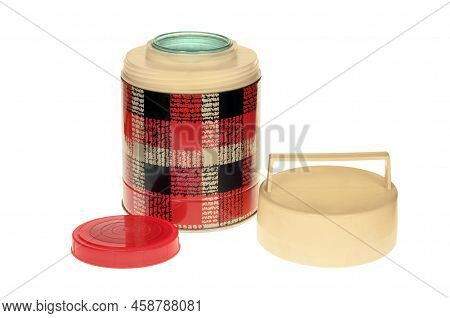 Open  Thermo Bottle With Shadows Over White Background ,