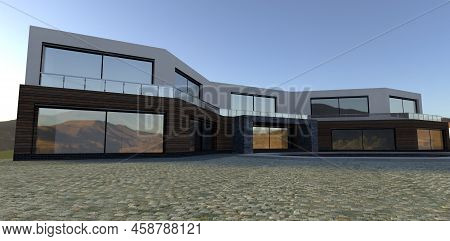 Futuristic Building Of An Unusual Shape. Front Board And White Plaster. Blue Sky. 3d Render.