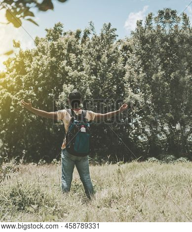 Backpacker Man In The Forest Spreading His Arms, Backpacker Man In The Forest Spreading His Arms, Re