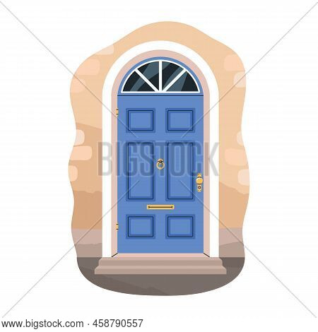 Front Door Of Dwelling House. Home Entrance Exterior, Facade. Arch Doorway Outdoors. Entry With Thre