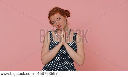 Please, God Help. Young Redhead Woman Praying, Looking Upward And Making Wish, Asking With Hopeful I