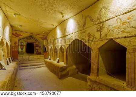 Bet Guvrin, Israel - July 21, 2022: View Of The Ancient Sidonian Burial Caves, In Bet Guvrin Nationa