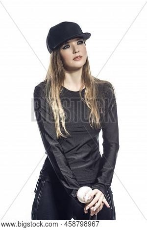 Winsome Sportive Caucasian Female Baseball Player Athlete Posing With Ball And Bat Wearing Sport Out