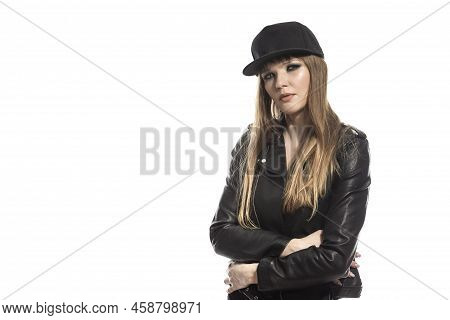 Sporty Caucasian Winsome Blond Sexy Girl In Leather Jacket And Fitness Skinny Outfit While Posing In