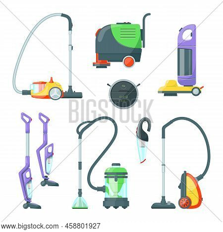 Different Vacuum Cleaners Cartoon Illustration Set. Floor Cleaning Machines, Electrical Hoovers, Rob