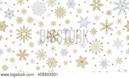 Seamless Christmas Vector With Gold And Silver Snowflakes. White Background.
Seamless On All Four Si