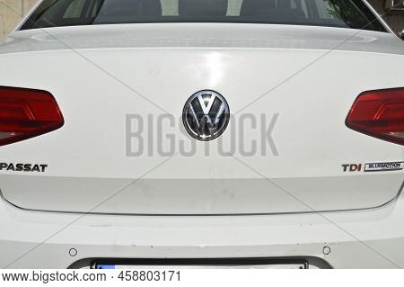 Volkswagen Passat Chrome Metal Logo, Back View Luxury Car In Istanbul City, June 27 2022 Istanbul Pe