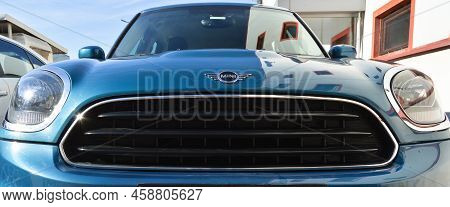 Mini Cooper Chrome Metal Logo Front View, Luxury Mini Blue Car In Istanbul City, December 24 2021 Is