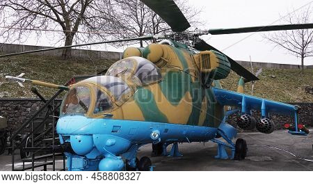 Kiev, Ukraine December 10, 2020: Military Helicopter Mi-24v In The Museum Of Military Equipment For 
