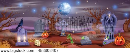 Halloween Graveyard Seamless Background, Vector Spooky Cartoon Cemetery Game Illustration, Moon. Sto